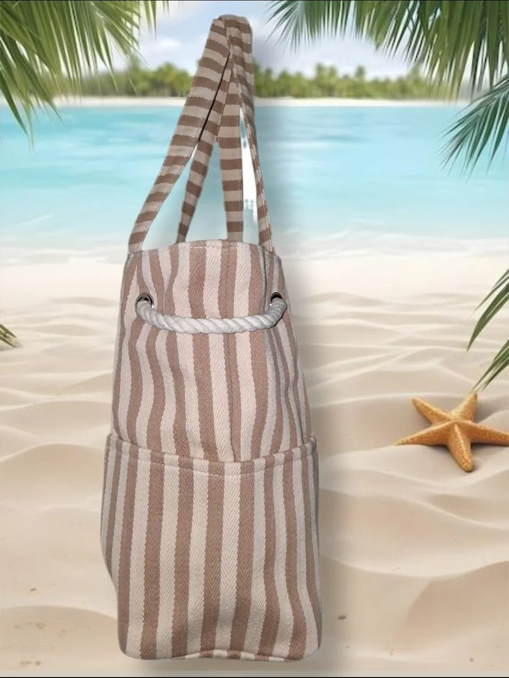 SUN and SAND Cream and Brown Stripe Tote Bag with Rope Closure Detail NWT